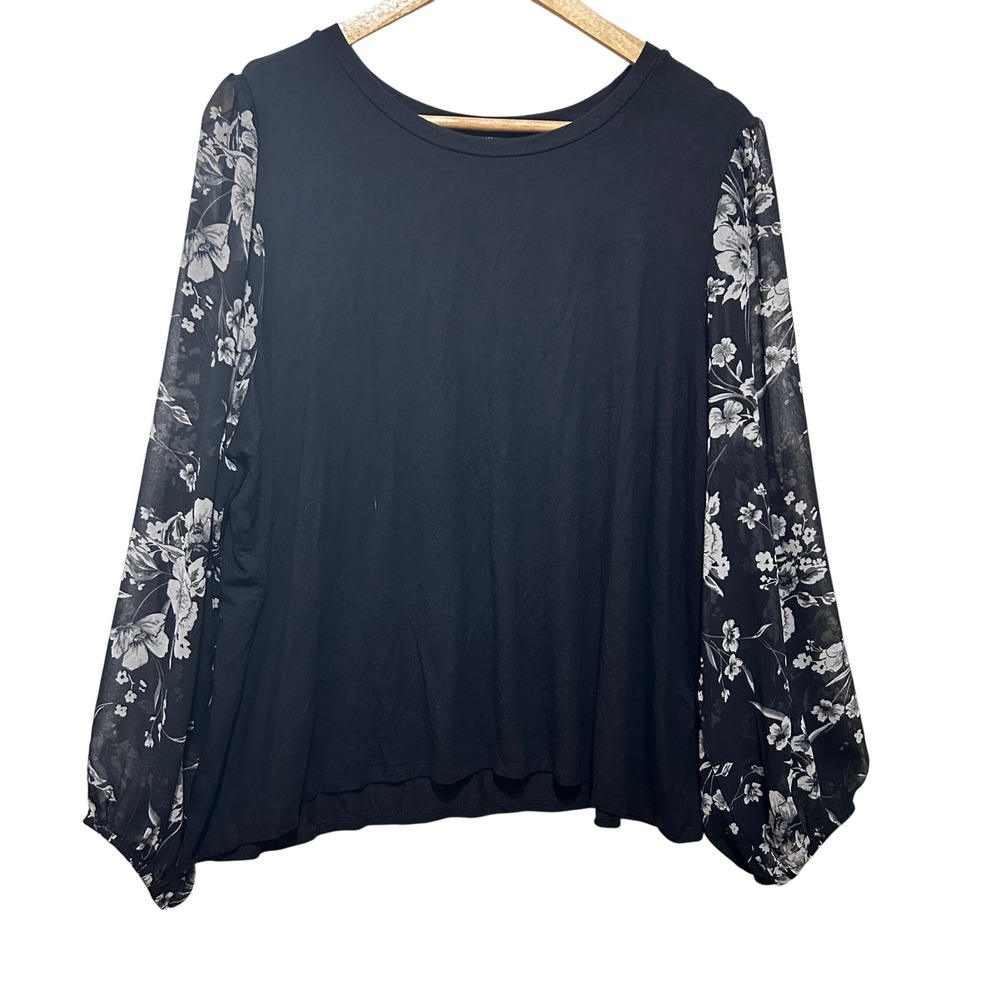 Tahari Women Cottage Dark Romantic‎ Top 2X Black Mixed Media Sheer Floral Sleeve